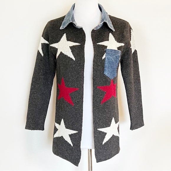 WOOL STAR PRINT CARDIGAN DENIM TRIM OPEN FRONT COLLARED SWEATER COAT GRAY Siz… - Picture 5 of 13